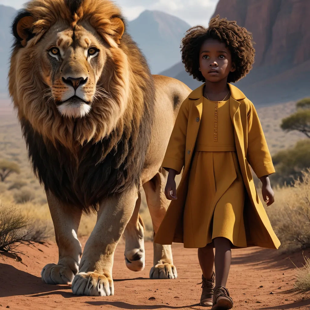 a young girl walking with a lion on a dirt road in the desert, with mountains in the background, harlem renaissance, a poster, Chinwe Chukwuogo-Roy, promotional image