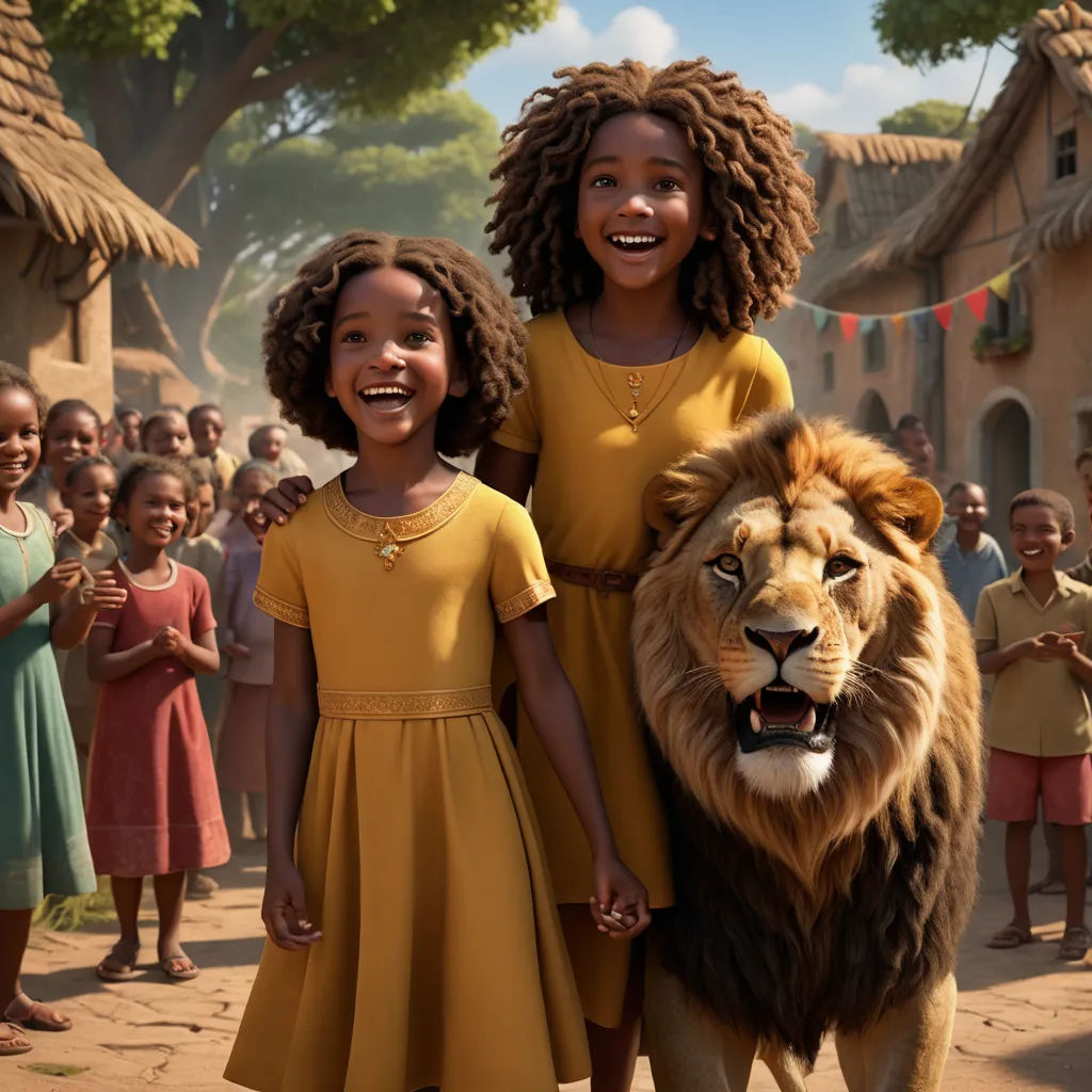 two girls standing next to a lion in front of a crowd of children in a village with a lion, afrofuturism, a poster, Chinwe Chukwuogo-Roy, promotional image