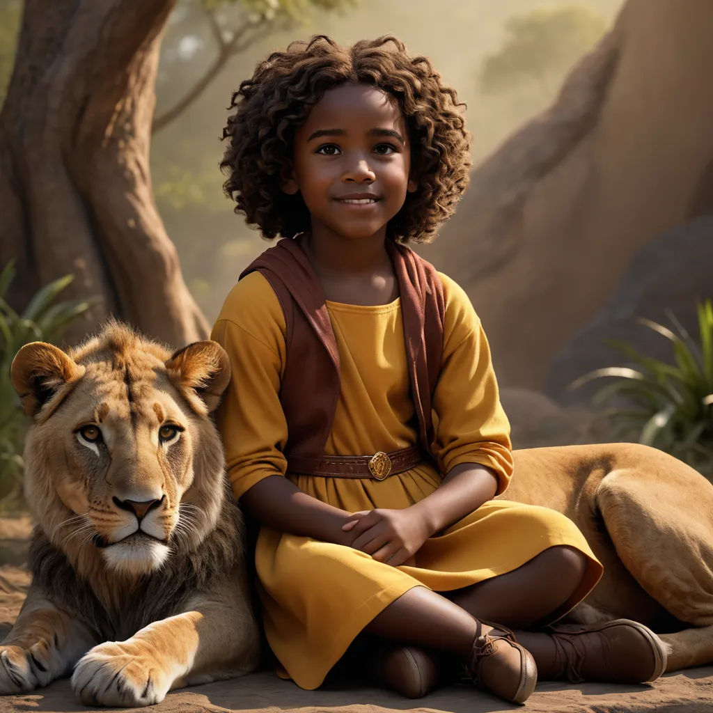 a young girl sitting on the ground next to a lion in a forest with a tree in the background, photorealism, a poster, Chinwe Chukwuogo-Roy, promotional image