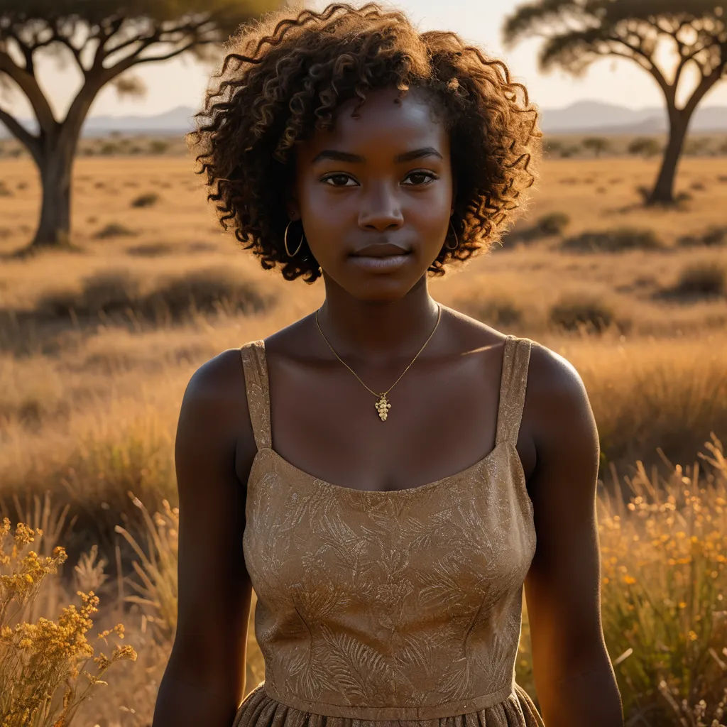a woman standing in a field with trees in the background and grass in the foreground, with a necklace on her neck, naturalism, a bronze sculpture, Chinwe Chukwuogo-Roy, portrait photography