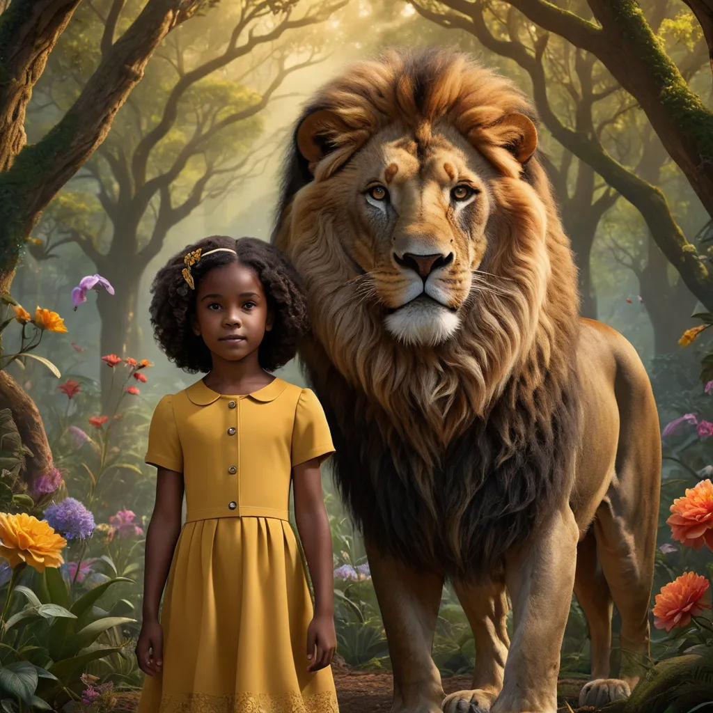 a young girl standing next to a large lion in a forest filled with flowers and trees, with a lion standing next to her, magical realism, a poster, Anne Said, promotional image