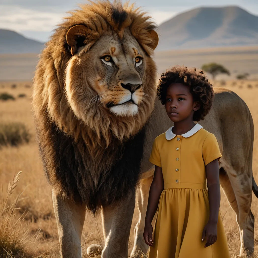 a young girl standing next to a large lion in a field of grass with mountains in the background in the distance, afrofuturism, a poster, Chinwe Chukwuogo-Roy, promotional image