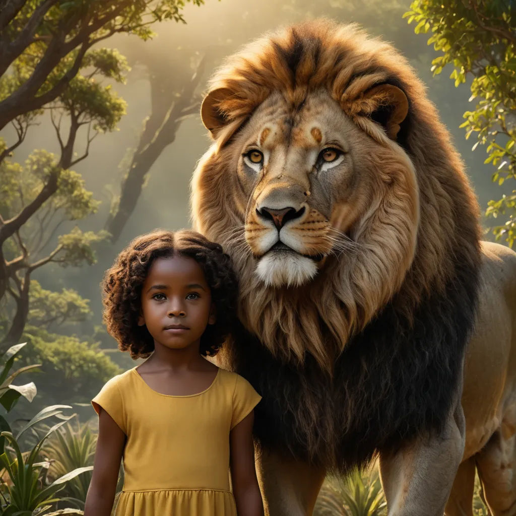 a young girl standing next to a large lion in a forest with trees and bushes behind her, with a large lion behind her, magical realism, a poster, Chinwe Chukwuogo-Roy, promotional image