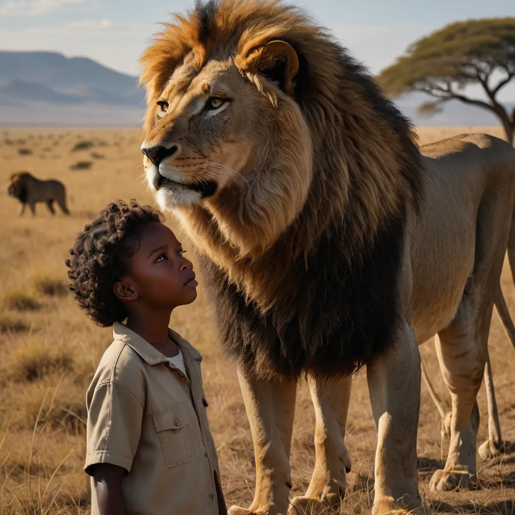 a young boy standing next to a large lion on a field of grass with other animals in the background, afrofuturism, a poster, Chris LaBrooy, imax 70 mm footage