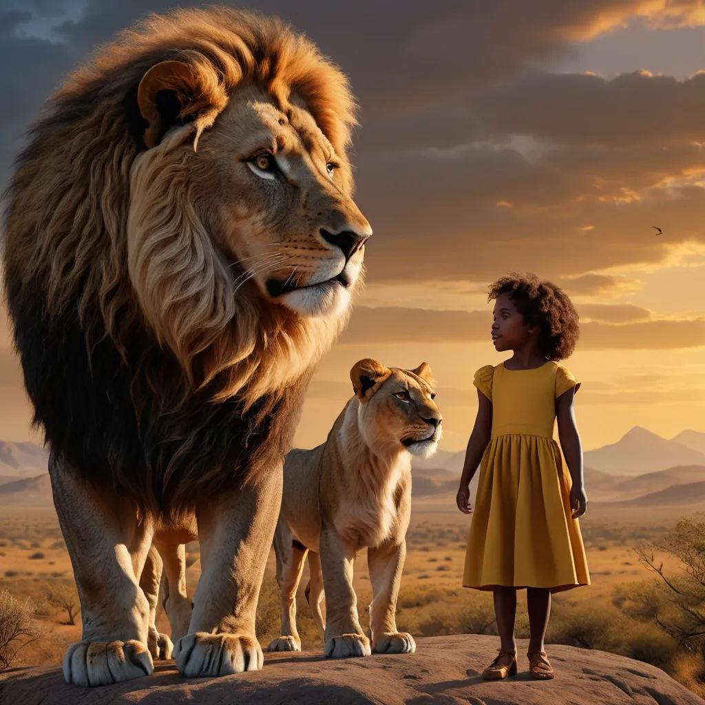 a girl standing next to a lion on a rock in the desert with a lion on the rock in front of her, magical realism, a poster, Chinwe Chukwuogo-Roy, promotional image