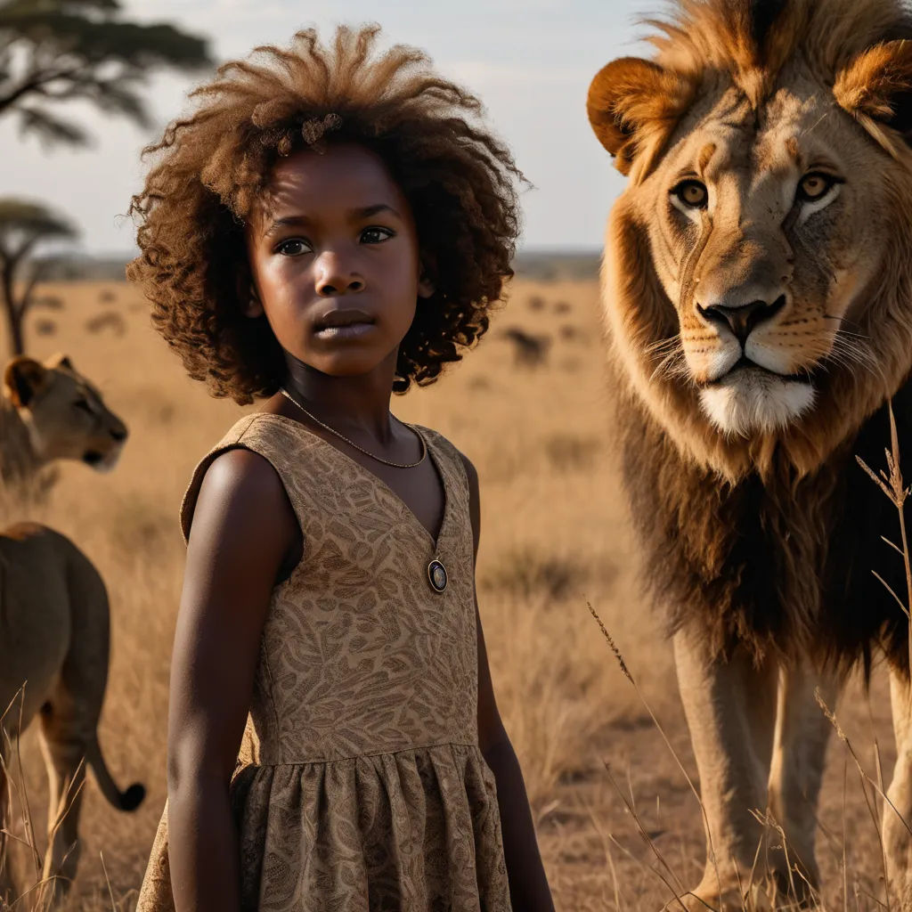 a young girl standing in front of a lion and a lion cub in a field of grass with trees in the background, afrofuturism, a poster, Chinwe Chukwuogo-Roy, promotional image