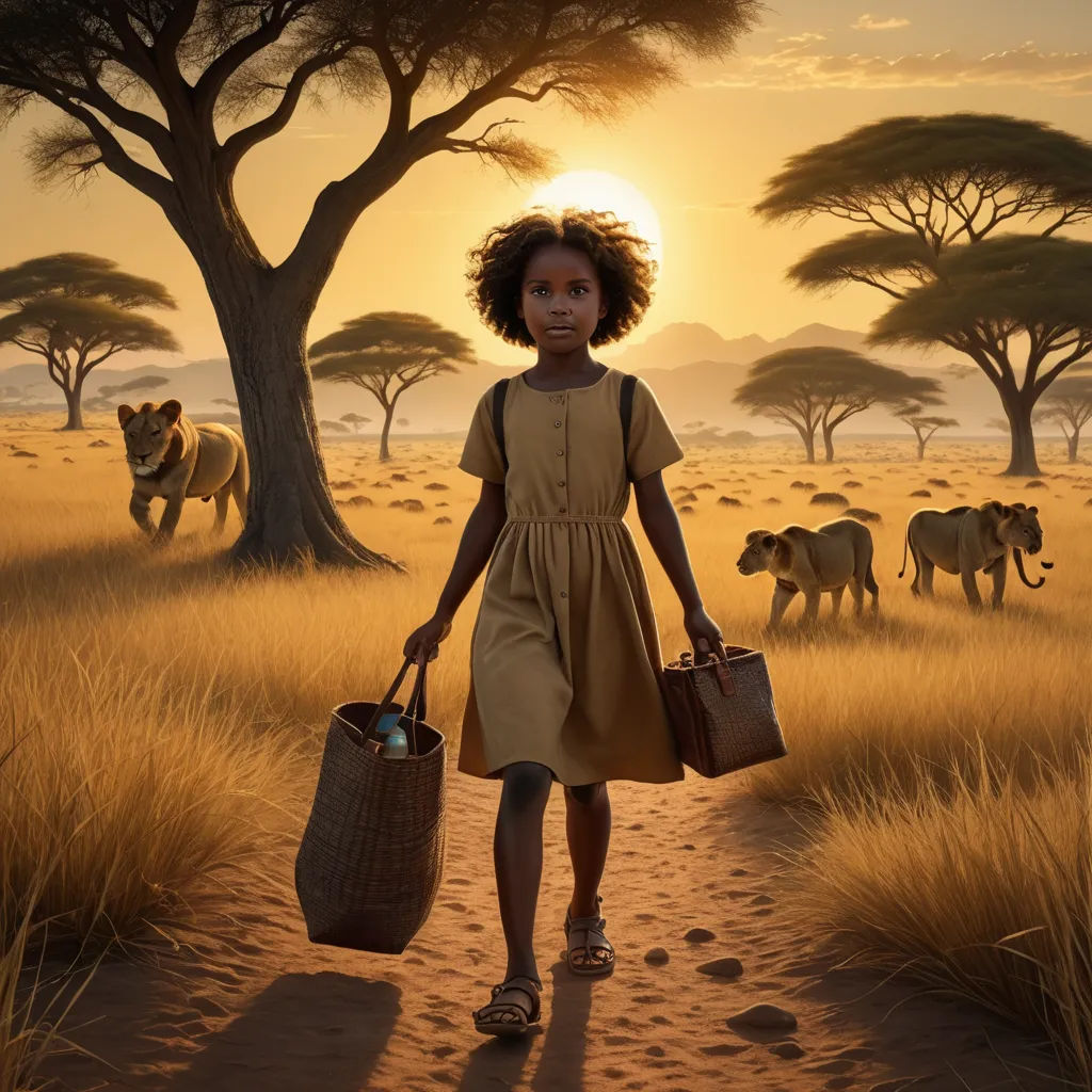 a young girl is walking through a field with a basket and a bag in her hand and a herd of elephants in the background, magical realism, poster art, Chinwe Chukwuogo-Roy, promotional image