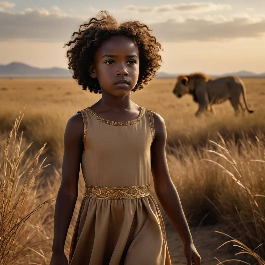a young girl standing in a field with a lion in the background and a field of grass in the foreground, afrofuturism, a poster, Chinwe Chukwuogo-Roy, promotional image