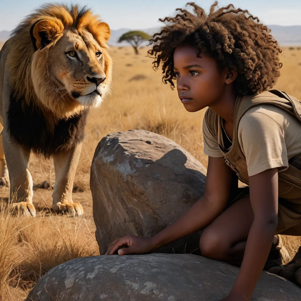 a young girl sitting on a rock next to a lion in a field of grass and rocks with a lion standing behind her, afrofuturism, a poster, Anne Said, promotional image