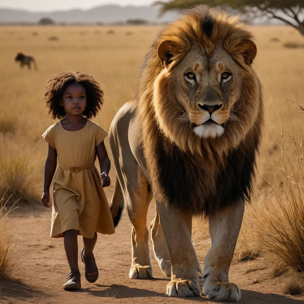 a young girl walking with a large lion on a dirt road in the wild, with other animals in the background, afrofuturism, a poster, Chris LaBrooy, promotional image