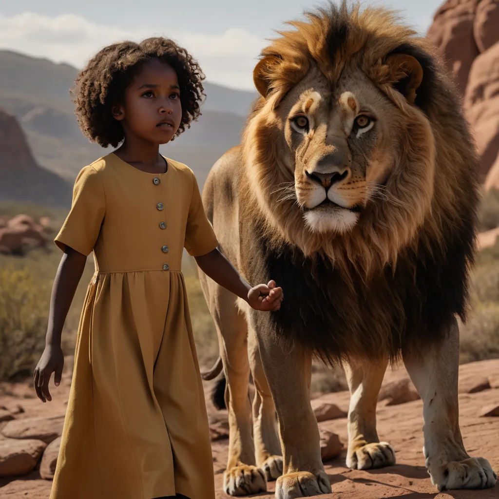 a little girl holding the hand of a lion in a desert setting with mountains in the background, while a lion stands on a rock, afrofuturism, a poster, Anne Said, promotional image