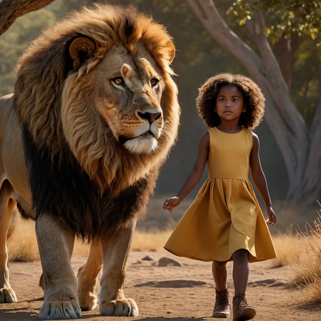 a little girl walking next to a large lion in a field of grass and trees with a lion behind her, afrofuturism, a poster, Chris LaBrooy, promotional image