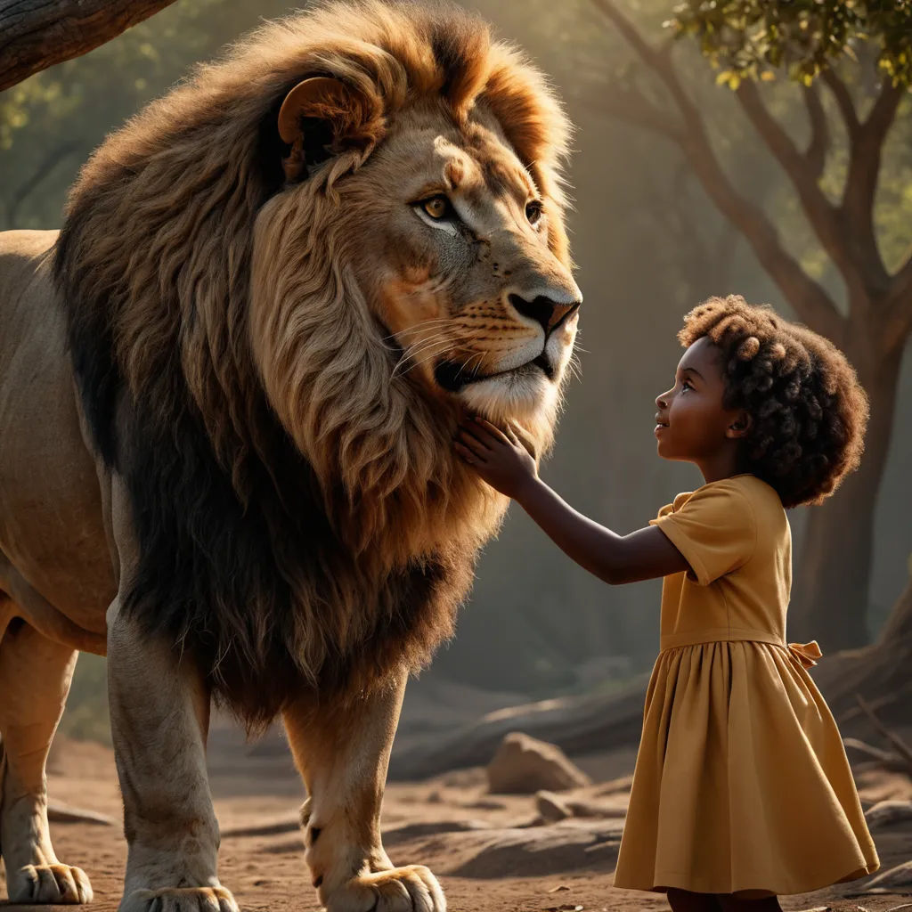 a little girl touching a large lion's face with her hand in a zoo setting with trees and rocks, magical realism, a poster, Chris LaBrooy, promotional image