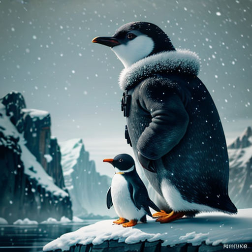 a penguin and a penguinling standing on a rock in the snow with a mountain in the background and snow falling on the ground