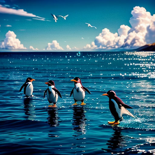 a group of penguins walking in the water together with a bird flying overhead in the background of the photo