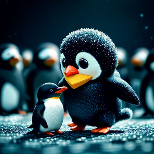 a penguin and a penguinling are standing together in the snow and one penguin is holding a yellow beak