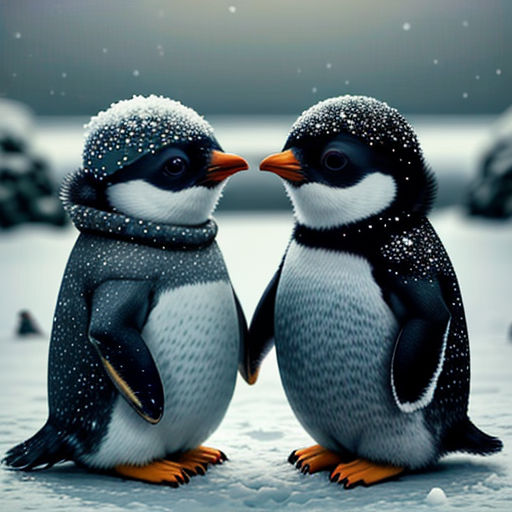 two penguins standing next to each other in the snow with a sky background and snow falling on them,
