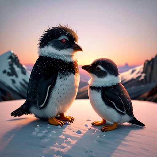two penguins standing on a snowy hill at sunset with mountains in the background and footprints in the snow below