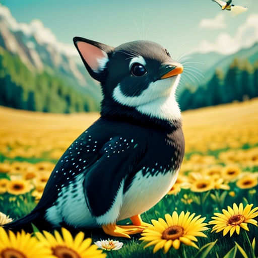 a bird sitting on a field of sunflowers with a bird flying above it and a bird flying above it