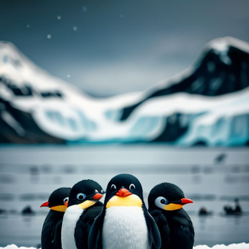 three penguins are standing in the snow near a mountain range and a glacier in the background with snow on the ground
