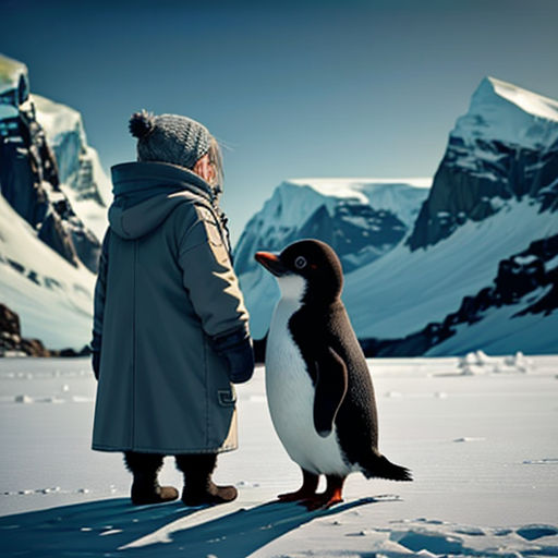 a man standing next to a penguin on top of a snow covered ground with mountains in the background and a person standing next to it