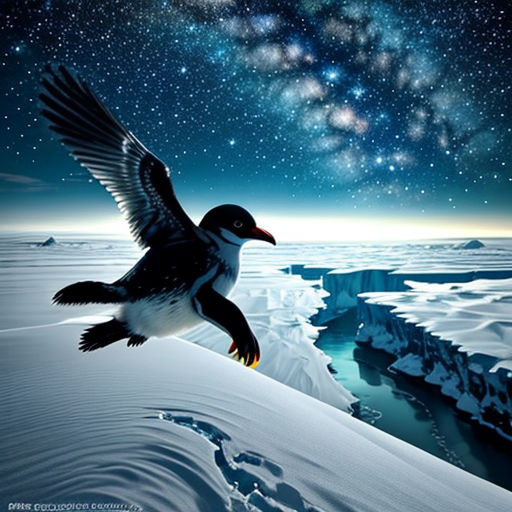 a bird flying over a snowy mountain under a night sky with stars and a star filled sky above it