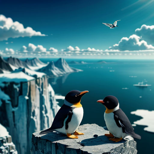 two penguins sitting on a rock looking at each other with a bird flying in the background of the picture