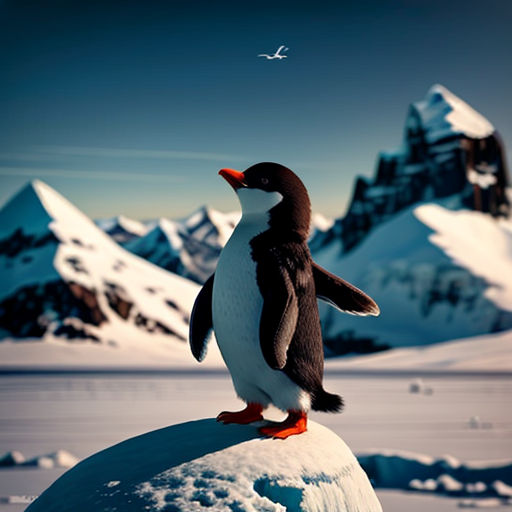 a penguin standing on top of a snow covered hill next to a mountain range with a bird flying overhead