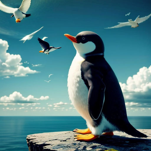a penguin standing on a rock with seagulls flying around it and a blue sky with clouds in the background