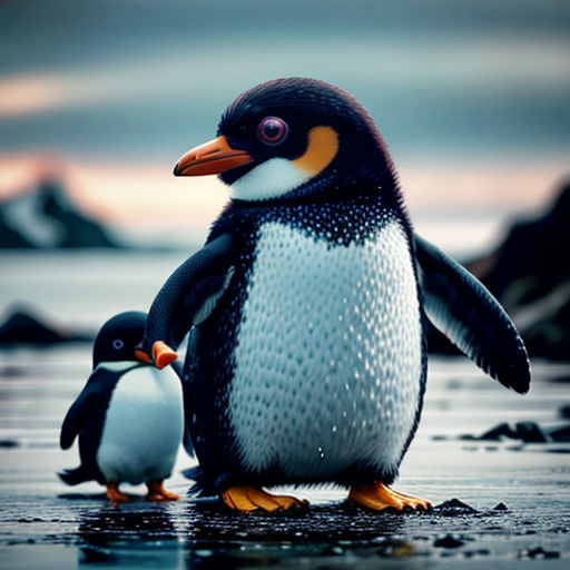 a penguin and its baby standing on the beach together, with a mountain in the background, and a cloudy sky