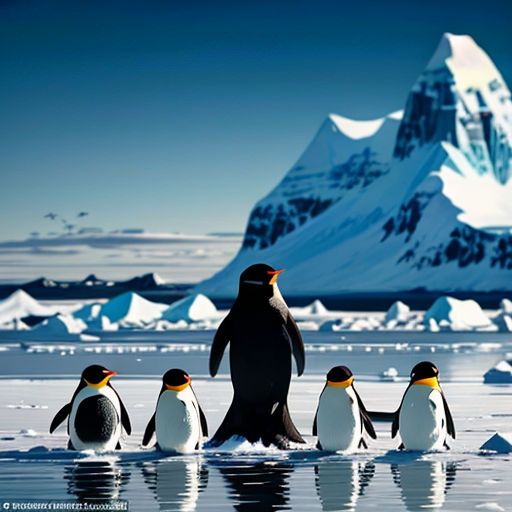 a group of penguins standing on top of a frozen lake next to a mountain covered in snow and ice