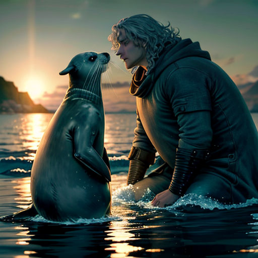 a man kneeling down next to a seal in the water with a sea lion on his lap and a sea lion on his lap