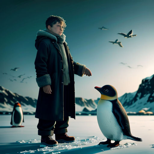 a man standing next to a penguin on a frozen lake with birds flying overhead in the background, with a man standing next to a penguin