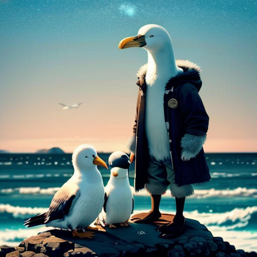 a couple of birds standing on top of a rock near the ocean with a star in the sky above