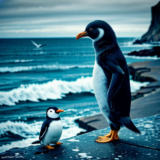 a couple of birds standing on top of a rock near the ocean with a bird flying above them and a bird sitting on the rock