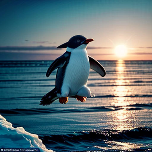 a penguin flying over the ocean at sunset with the sun in the background and the ocean in the foreground