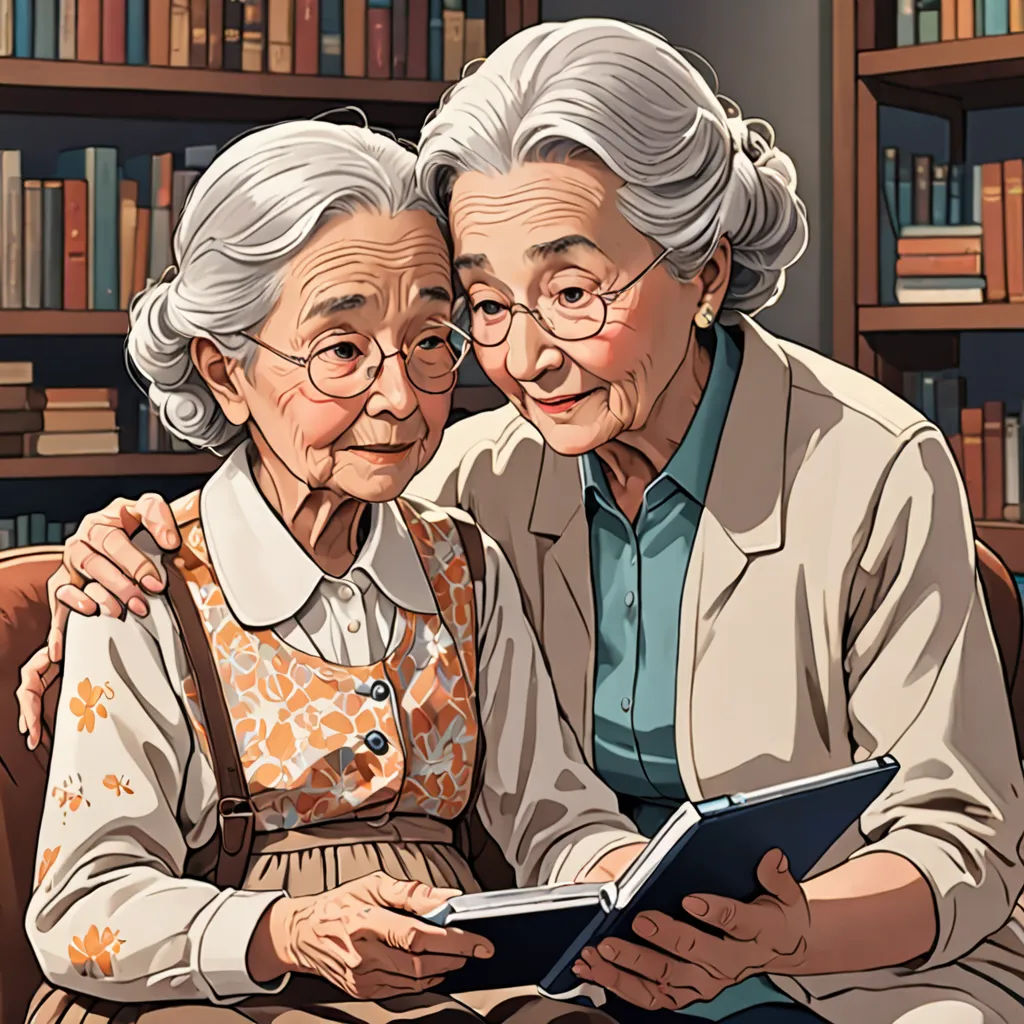 an older woman and an older woman sitting next to each other in front of a book shelf with books, ukiyo-e, a storybook illustration, Byeon Sang-byeok, highly detailed digital painting