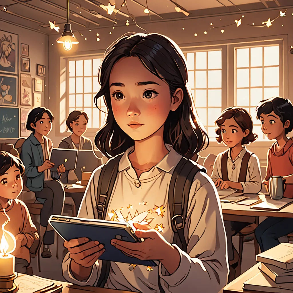 a girl holding a tablet in a classroom with other children around her and a lit candle in her hand, academic art, a comic book panel, Atey Ghailan, rossdraws global illumination