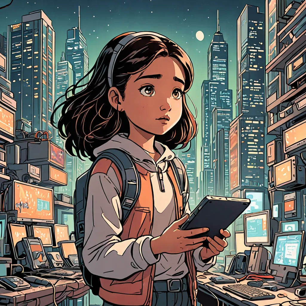 a girl standing in a room with a tablet in her hands and a city in the background with buildings, retrofuturism, cyberpunk art, Asaf Hanuka, comic cover art