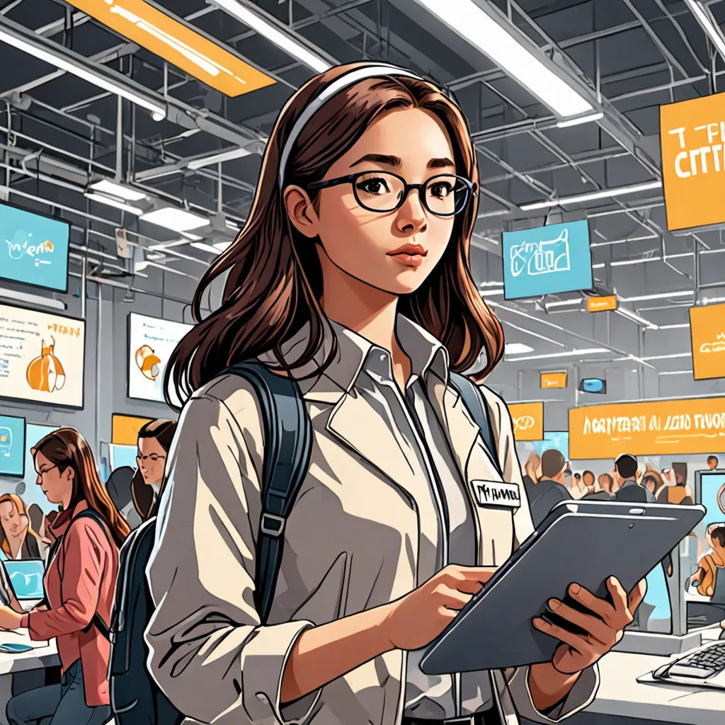 a woman in a white shirt and glasses holding a tablet in a room full of people with signs on the walls, neoism, a comic book panel, Choi Buk, high detail illustration
