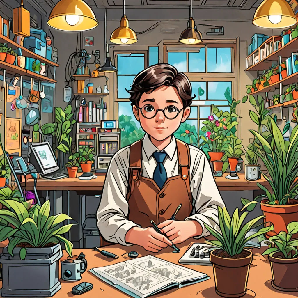 a man in a shop with plants and a book on a table with a pen and paper in front of him, academic art, a comic book panel, Asaf Hanuka, comic cover art