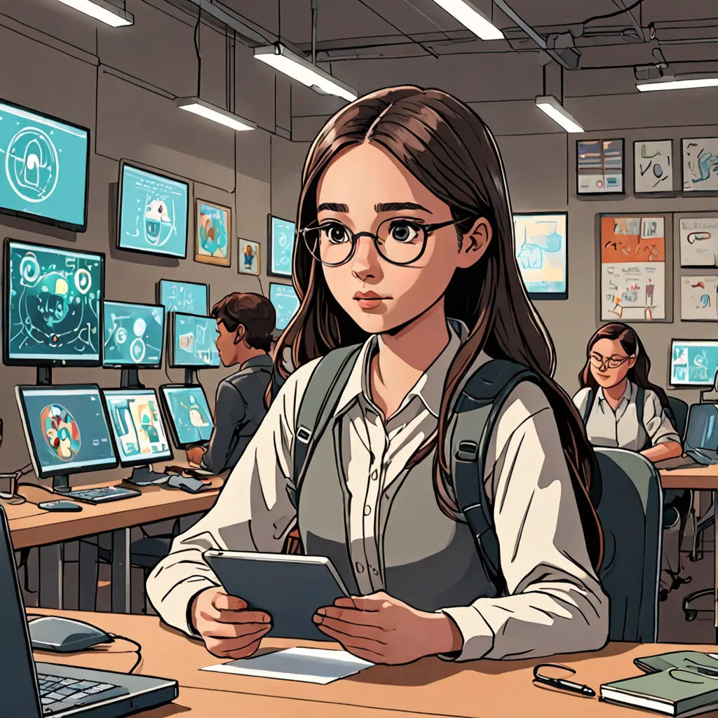 a woman sitting at a desk with a tablet in front of her and a bunch of computers on the wall, academic art, a comic book panel, Choi Buk, high detail illustration