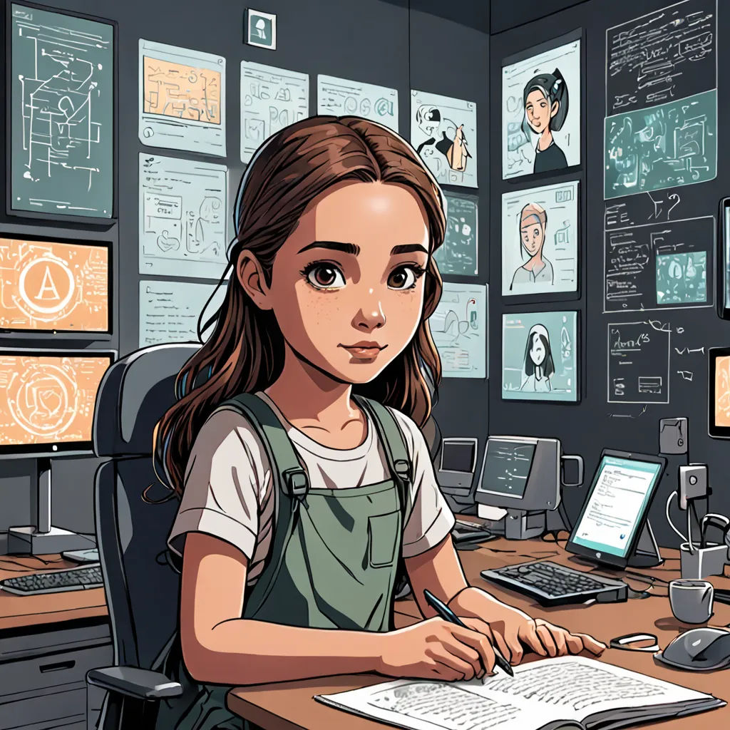 a girl sitting at a desk with a book and a computer in front of her, with a lot of drawings on the walls, computer art, a comic book panel, Artgerm, comic cover art