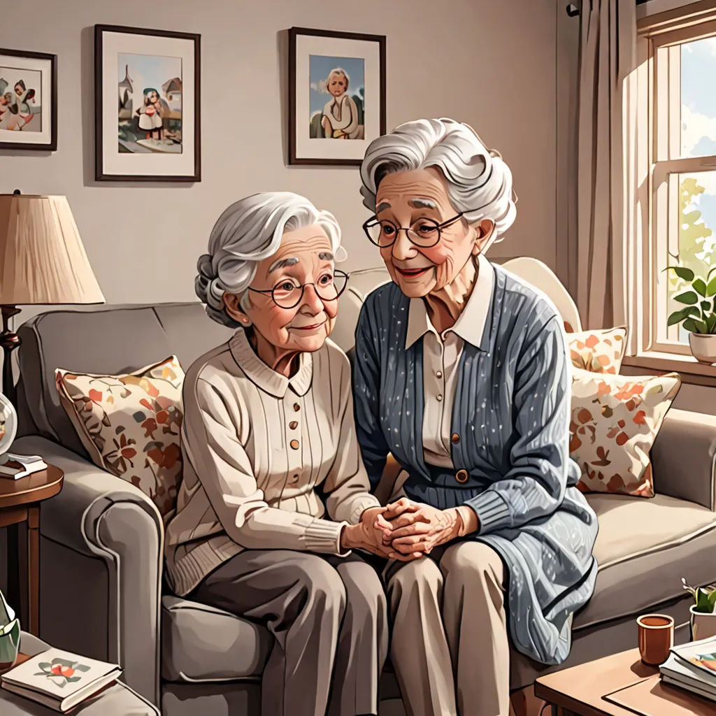 a painting of two elderly women sitting on a couch in a living room with a lamp on the table, photorealism, a storybook illustration, Chris LaBrooy, behance hd