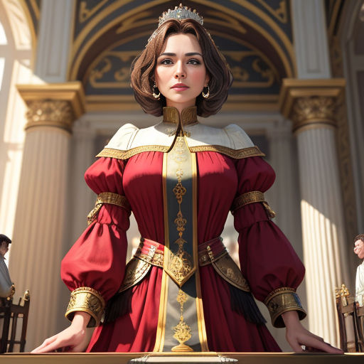 a woman in a red dress standing in front of a building with columns and pillars in the background, wearing a tiara