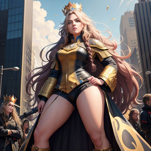 a woman dressed in a costume and a crown standing in a city street with other people around her and a man in a suit