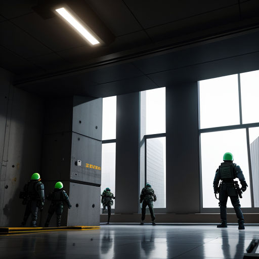 a group of people in a room with a large window and a few lights on the ceiling and a few people in green helmets