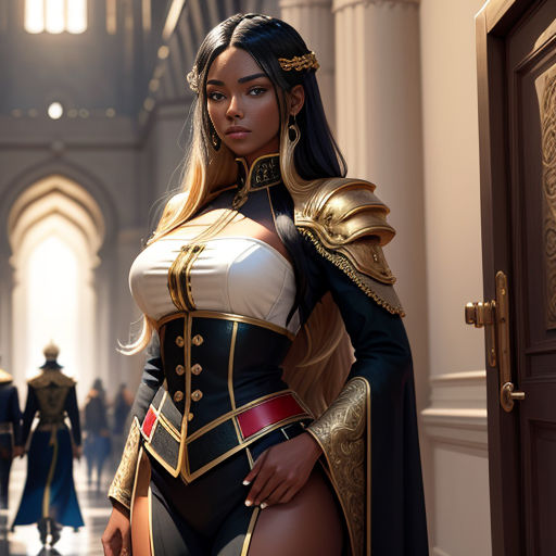 a woman in a costume standing in a hallway with other people in the background and a door open to a hallway