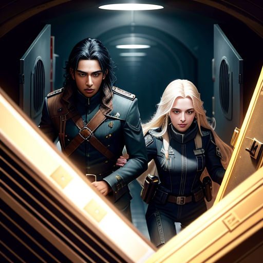 a couple of people that are standing in a hallway together in a sci - fi setting with a door open