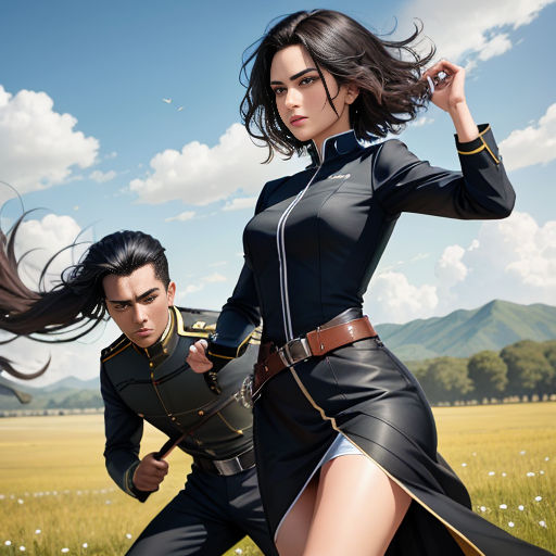 a man and a woman in military uniforms are running through a field of grass and flowers, with mountains in the background